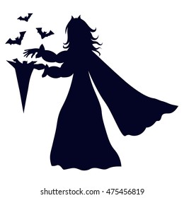 black silhouette of a witch with hat and bats