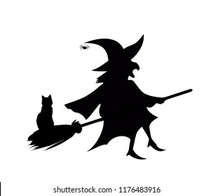 Black silhouette of witch in hat and costume flying on broom with cat isolated on white background. Halloween party vector illustration, icon, retro vintage clip art for design. Old scary hag fly.