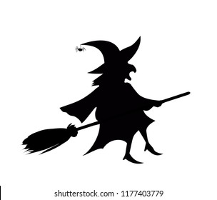 Black silhouette of witch in hat and costume flying on broomstick isolated on white background. Halloween celebration vector illustration, icon, retro vintage clip art for design. Old scary hag fly.