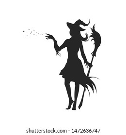 Black silhouette of witch with hat. Halloween party. Isolated image of conjuring sorcerer. Young mage with broom. Elegant withard. Vector illustration