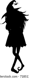 Black silhouette of witch isolated  on white background. Vector illustration. 