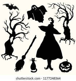 Black silhouette witch in the magic hats, carving face pumpkin lantern, ghost, trees, cat, broom and bat isolated on the white background. Laser cutting template