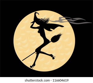 black silhouette of a witch on a broom