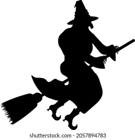 Black silhouette of a witch on a broomstick. Halloween night, witchcraft party. Vector illustration.