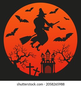 Black silhouette of a witch on a broomstick. Halloween night, witchcraft party. Vector poster.