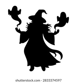 Black silhouette of a witch with a pointed hat, broomstick, and crows, creating a spooky Halloween or magical theme image.