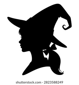 A black silhouette of a witch wearing a pointed hat and with curly hair, symbolizing magic, Halloween, and fantasy themes.