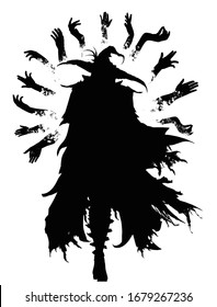 The black silhouette of a wizard in an acute-angled hat and a torn cloak, surrounded by magical hands flying in the air, he gracefully goes forward towards the viewer. 2d illustration svg