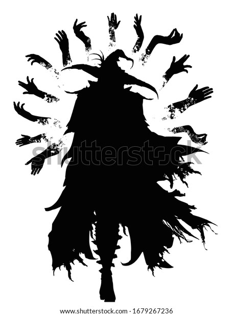 The\
black silhouette of a wizard in an acute-angled hat and a torn\
cloak, surrounded by magical hands flying in the air, he gracefully\
goes forward towards the viewer. 2d\
illustration
