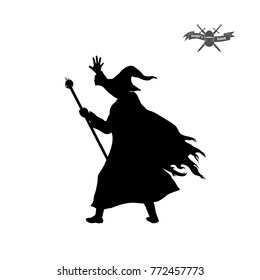 Black silhouette of wizard with hat and staff on white background.Isolated image of fantasy magician. Vector illustration