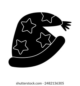 Black silhouette of wizard or magician hat with stars, glyph icon flat vector