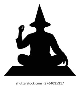 A black silhouette of a wizard sitting cross-legged on a mat with one hand raised and wearing a pointed hat on a white background