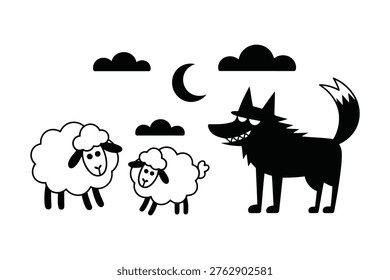 Black silhouette of a wolf approaching two white sheep under a moonlit sky