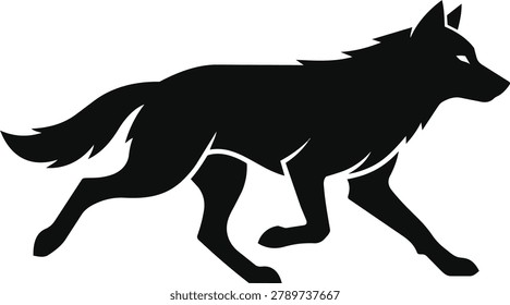 A black silhouette of a wolf captured mid-stride, showcasing its powerful physique and alert posture.