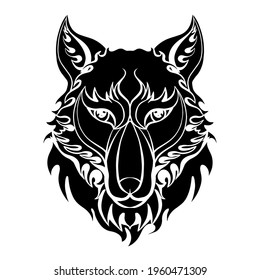 Black silhouette of wolf head front view on whte background. Stylized redator front view portrait. Vector sketch for tattoo, icon, logo and printing on stuff