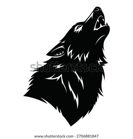 Black silhouette of a wolf head howling upwards with sharp teeth white