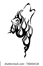 black silhouette wolf head tribal tattoo with fire element concept design with withe isolated background 
