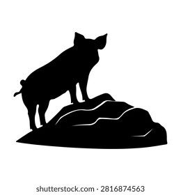 A black silhouette of a wolf howling atop a rocky outcrop, emphasizing wilderness and wildlife themes in a striking minimalist style.
