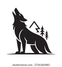 Silueta negra de un lobo aullando en las montañas y los árboles