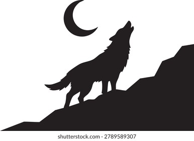 A black silhouette of a wolf howling on a rocky cliff under a crescent moon.