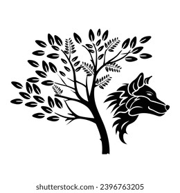 Black Silhouette of Wolf Silhouette line art with a beautiful Tree silhouette isolated design for wall art vinely decal