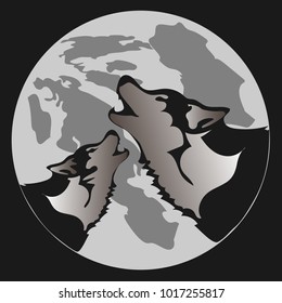 The black silhouette of a wolf on a background of the moon. The wolf howls. Vector illustration.