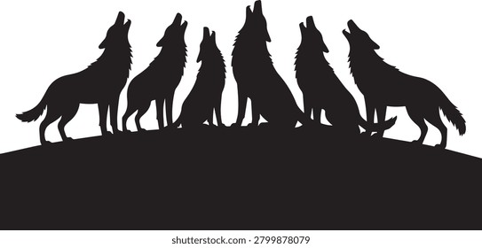 Black silhouette of a wolf pack howling together on a hill, isolated on a white background.
