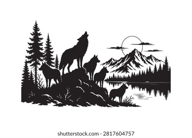 Black silhouette of a wolf pack howling in mountain forest isolated on white background, Vector