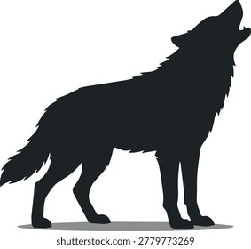 A black silhouette of a wolf standing on its four legs and howling upwards.
