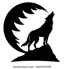 Uma silhueta preta de um lobo está sobre um penhasco rochoso, uivando para cima em direção a uma grande lua estilizada com bordas curvas.