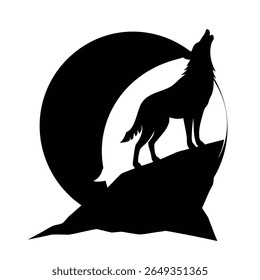 Uma silhueta preta de um lobo está em uma borda irregular do penhasco, sua cabeça inclinada para trás e a boca aberta em um uivo. Atrás dele, um grande círculo branco representa uma lua cheia.