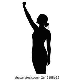 Black silhouette of a woman with arm raised in a victory pose against a white background. The style is simple and bold.