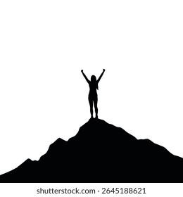 Black silhouette of a woman with arms raised standing atop a black mountain against a white background Simple vector illustration