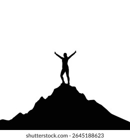 Black silhouette of a woman with arms raised standing atop a black mountain peak against a white background. Simple vector graphic style.