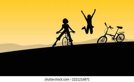 black silhouette woman with bicycle on a yellow background. Vector illustration.