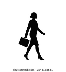 Black silhouette of a woman in a business suit walking confidently forward carrying a briefcase high heels white background vector illustration