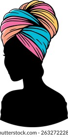 Black silhouette of a woman in a colorful traditional headdress or turban. Can represent African or other cultural styles. No background. Perfect for beauty, fashion, or ethnic design.