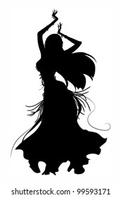 black silhouette of a woman dancing belly dance on a white background