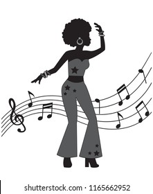 black silhouette of woman in disco style. A woman dances and is dressed in flared trousers and has curly hair