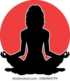 black silhouette of a woman doing yoga in a red circle