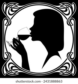 Black silhouette of woman with a glass and drinking wine in round vintage decorative frame in Art Nouveau style. Retro stylized drawing. Vector illustration