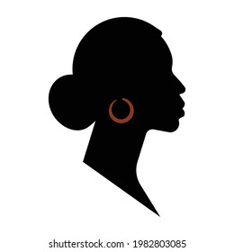 Black Silhouette Of Woman With Gold Earring. Face Shape, Profile, Side View. Abstract Portrait Of Woman, African-American Ethnicity. Modern Minimalist Style Vector Illustration.