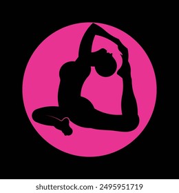 Eine schwarze Silhouette einer Frau, die anmutig Yoga in einem lebhaften rosa Kreis praktiziert. Das Bild vermittelt Ausgewogenheit, Flexibilität und Gelassenheit.