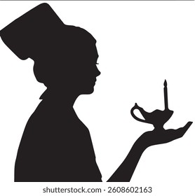 black silhouette of a woman in a hat, holding a candle, isolated vector illustration