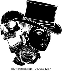 black silhouette of woman head with skull and rose vector