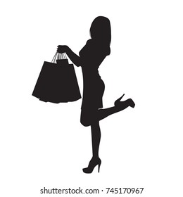 Black Silhouette Woman Holding Shopping Bags Isolated Over White Background Vector Illustration