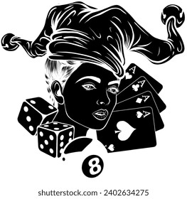 black silhouette of woman Joker with card, eight ball and dice. vector illustration on white background