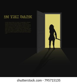 Black silhouette of woman with knife in hand on door background. A poster for book, game or movie. A terrible killer. Nightmare zombies. Vector illustration