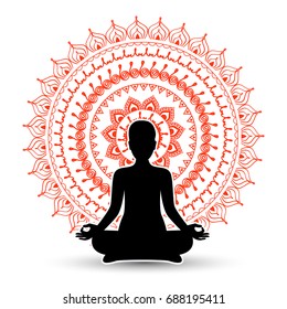 Black silhouette of woman in meditation pose. Vector illustration.