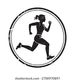 Uma silhueta preta de uma mulher no meio da marcha correndo, fechada dentro de uma borda circular e aflita.